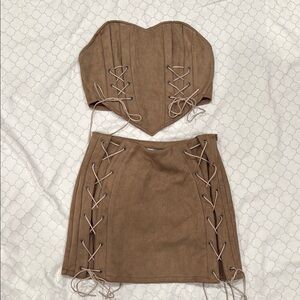 Taupe Lace-Up Skirt Set
